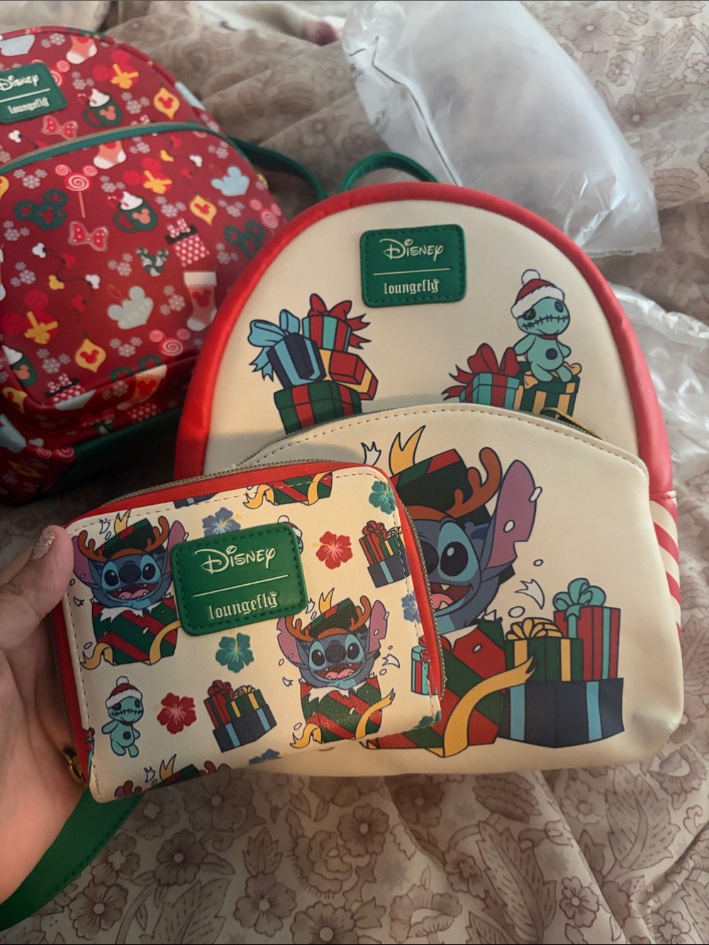 Loungefly Kids Cream, Red & Green Stitch Holiday Backpack with Wallet
